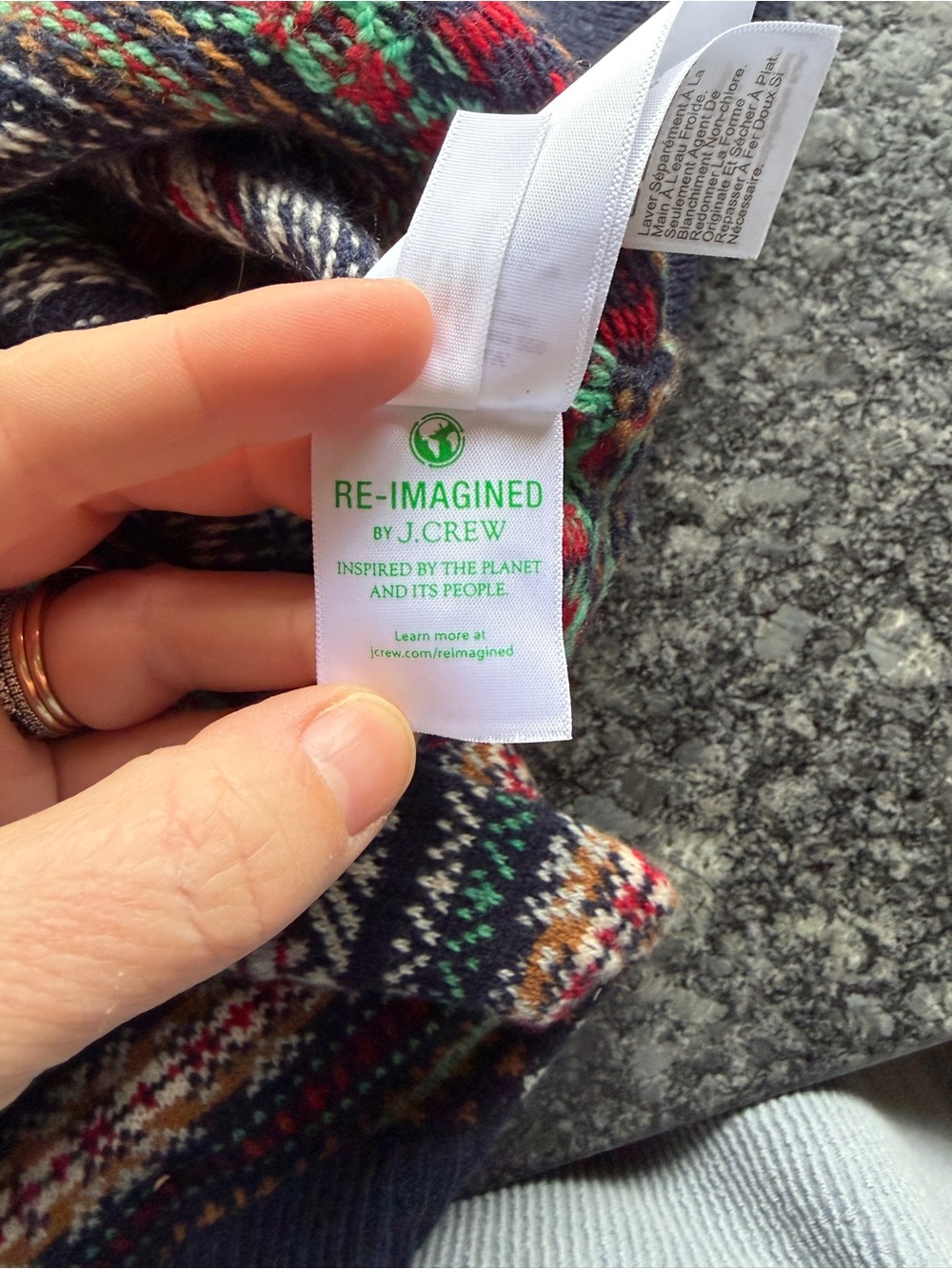 J. Crew Navy Fair Isle Crewneck Sweater with Red and Green Accents - Picture 4 of 5